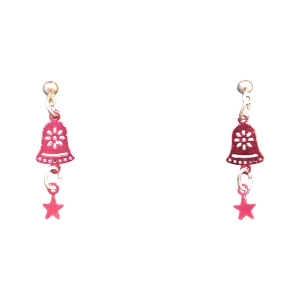 Red and Silver-Tone Flat Christmas Bells and Stars Earrings Light Fair Condition